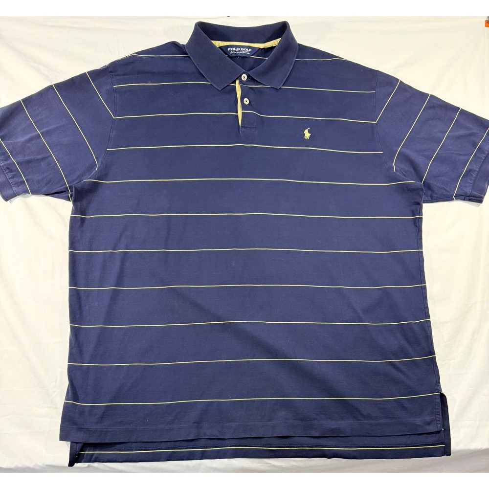 Polo Golf Ralph Lauren Shirt Mens XL Navy Yellow Striped Pima Cotton Polo